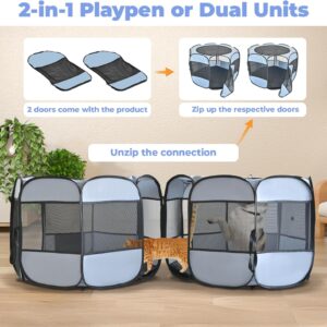 2-in-1 Cat Playpens, Detachable into 2 Separate Playpens with Additional 2 Doors, Portable Dog Playpen Cat Tent Enclosure for Kitten and Puppy Indoor Outdoor Use(M)
