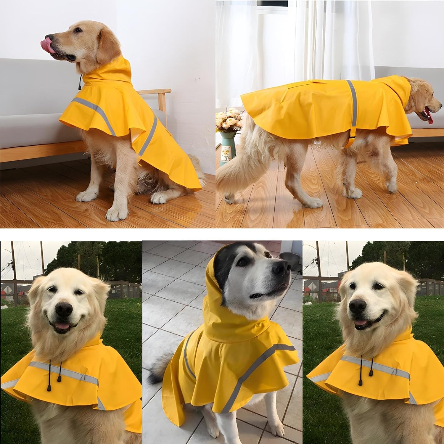 NACOCO Large Dog Raincoat Adjustable Pet Water Proof Clothes Lightweight Rain Jacket Poncho Hoodies with Strip Reflective (XL, Yellow) - Image 3