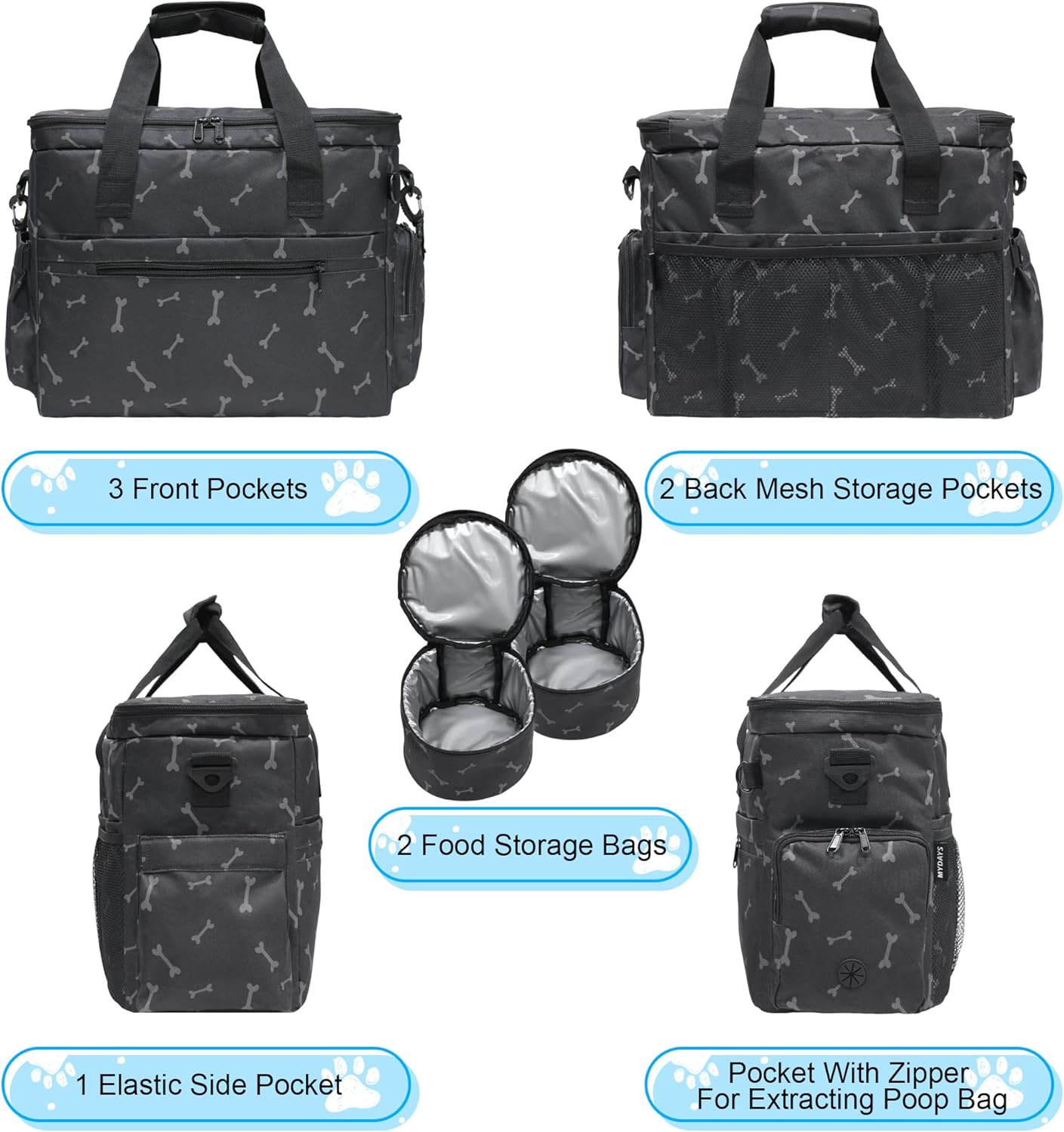 MYDAYS Dog Travel Bag, Pet Luggage Suitcase, Weekend Tote Carrier with Collapsible Bowl (Black1) - Image 3