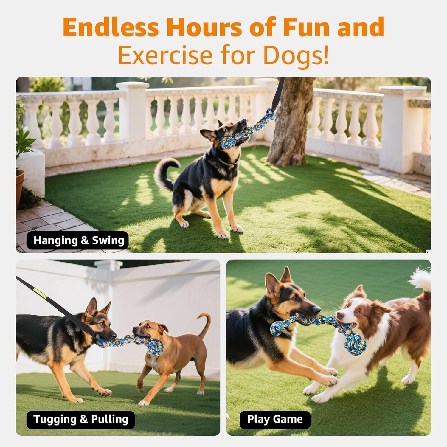 LOOBANI Outdoor Bungee Tug Toy, Dog Toy Hanging from Tree for Small to Large Dogs, Interactive Exercise Play Cord & Tether with Chew Rope Toy (Tree Stump Tug of War-Black) - Image 4