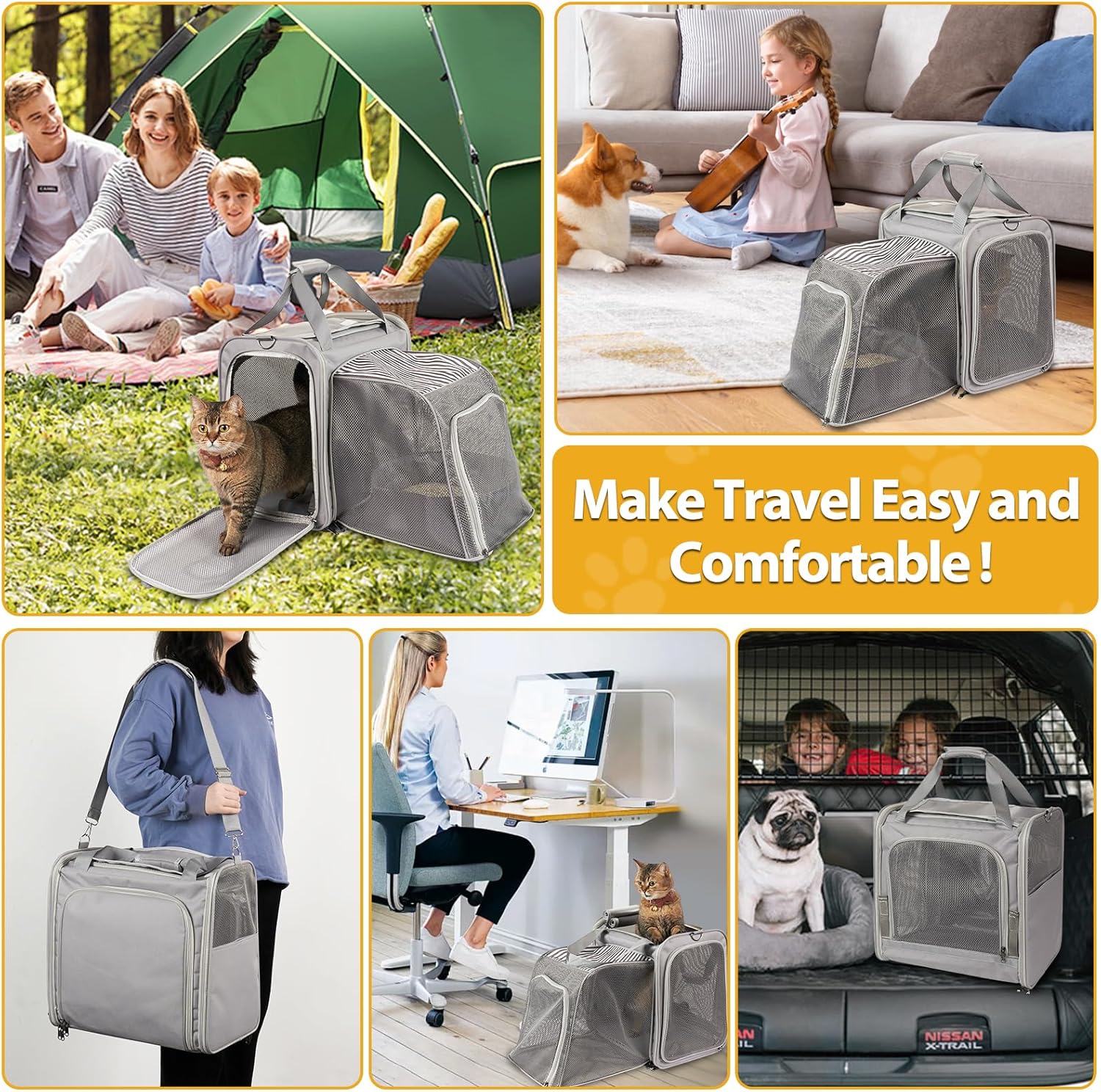 Cat Carrier with Litter Box, Expandable Cat Travel Carrier for Car, Soft Sided Cat Carrier for Cats/Puppies up to 25 lbs, Grey - Image 3