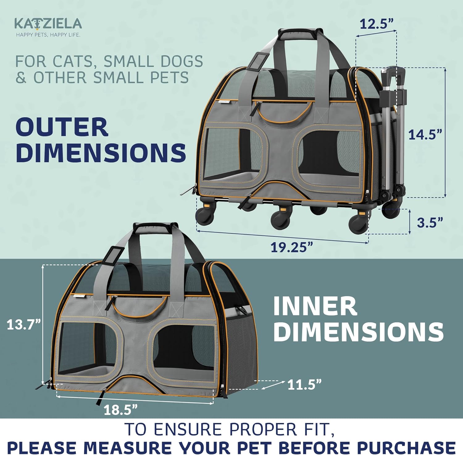 Katziela Rolling Pet Carrier - Airline Compliant with Removable Wheels - TSA Approved for Small Dogs and Cats - Soft FAA Travel Airplane Underseat Wheeled Luggage - Image 3