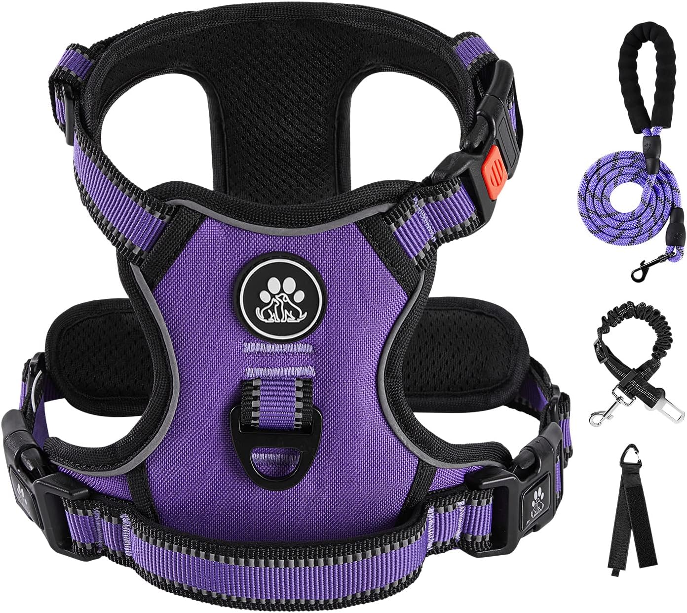 IVY&LANE No Pull Dog Harness for Medium Dogs, Dog Vest Harness with Leash, Safety Belt and Storage Strap, Fully Adjustable Harness, 360° Reflective Strip, Soft Handle (Purple, M)