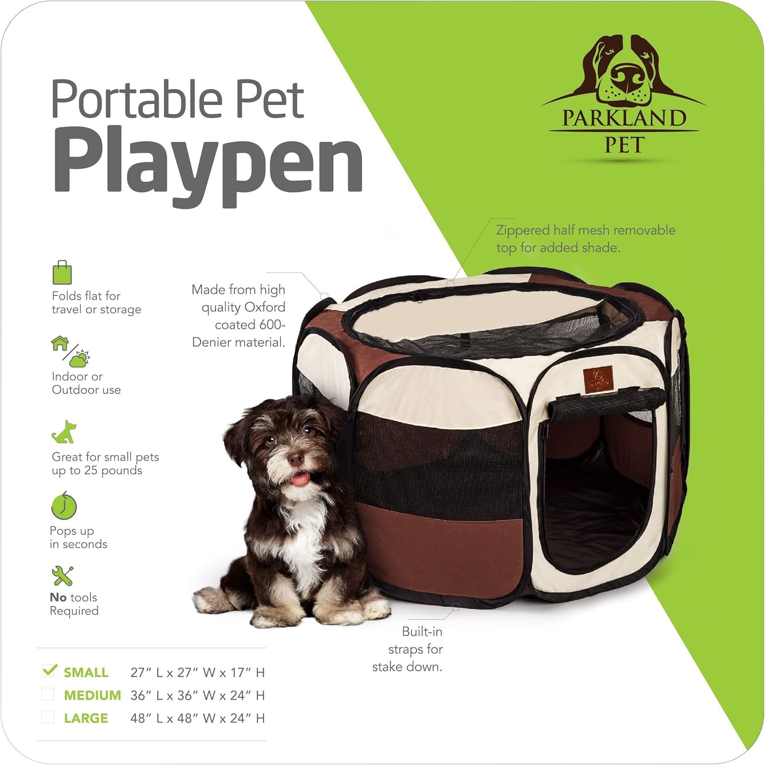Portable Foldable Playpen Exercise Kennel Dogs Cats Indoor/Outdoor Removable Mesh Shade Cover, Carrying Case & Collapsible Travel Bowl (Small) - Image 2