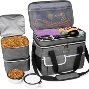 BAGLHER Dog Travel Bag for Supplies - Double-Layer Airline Approved Weekend Pet Travel Organizer Set for Dog and Cat Tote with 2 Pet Food Containers and 2 Collapsible Silicone Bowls Grey