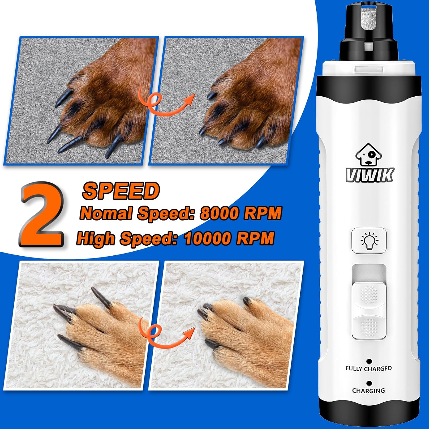 VIWIK Dog Nail Grinder with 2 LED Light, Dog Nail Trimmers, Quiet Dog Nail Clippers Kit for Large Medium Small Dog's Paw & Cat's Claw, Electric 2-Speed Pet Toenai Grinder, Gifts for Dog Lovers - Image 2