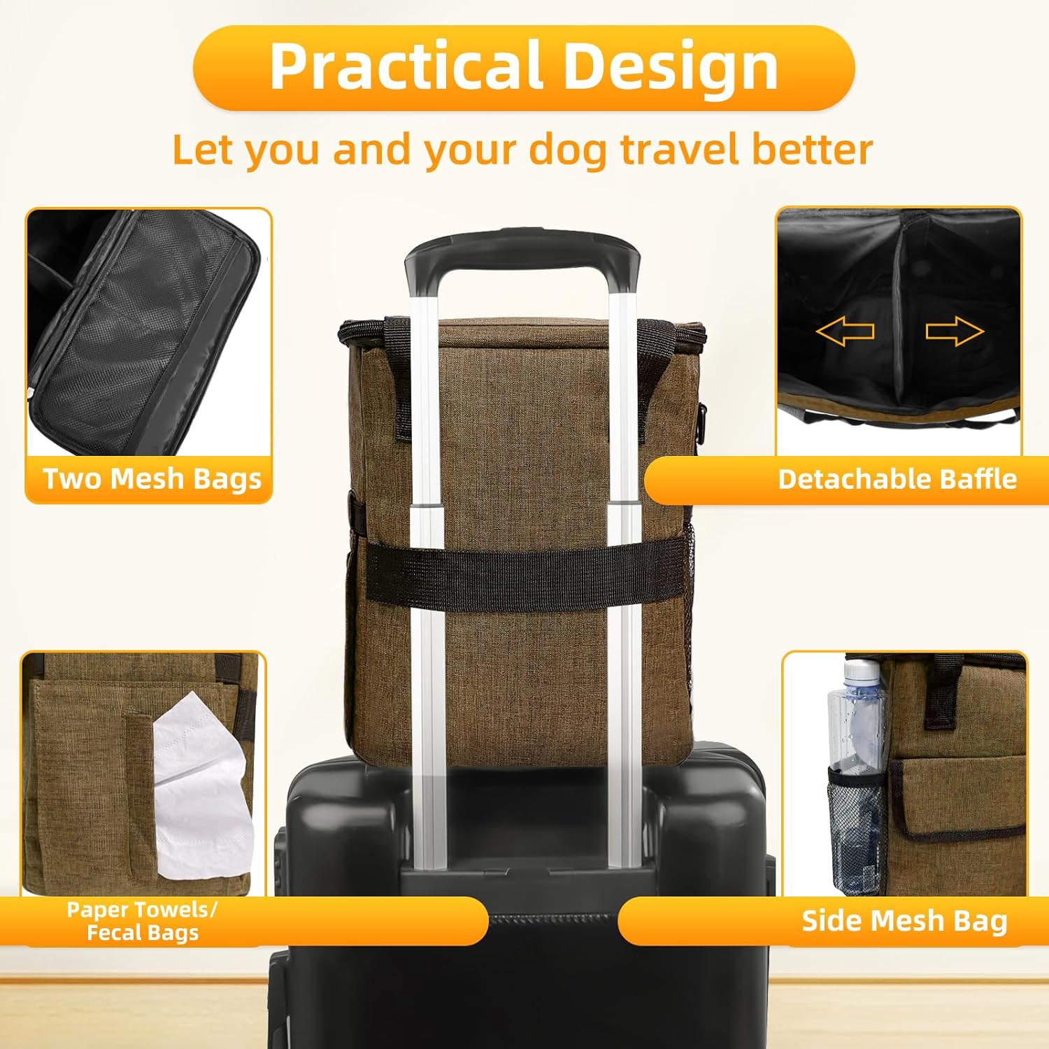 Dog Travel Bag for Camping - Pet Travel Accessories with 2 Collapsible Bowls, 2 Food Containers & Waterproof Feeding Mat - Portable Dog Carrier, Coffee (Small) - Image 3