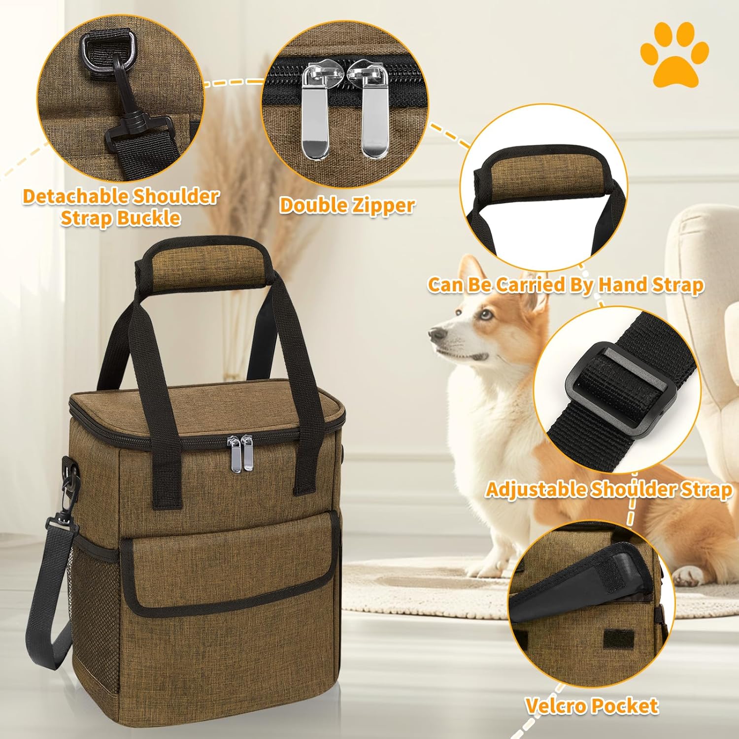 Dog Travel Bag for Camping - Pet Travel Accessories with 2 Collapsible Bowls, 2 Food Containers & Waterproof Feeding Mat - Portable Dog Carrier, Coffee (Small) - Image 4