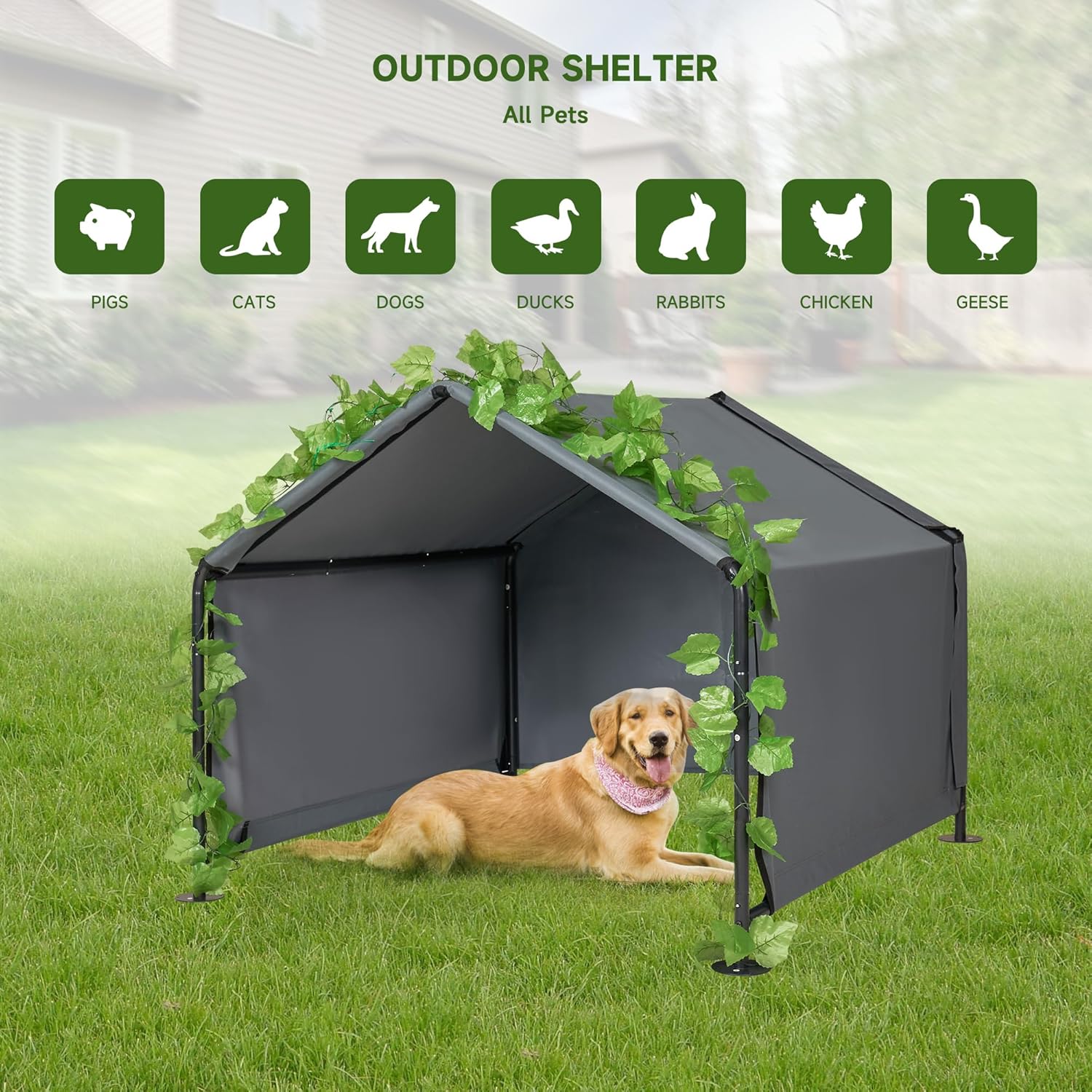4'x 4'x 3.3' Large Dog Shade Shelter Outdoor Tent Dog House for Large Medium Dogs, Outside Sun Rain Canopy Pet House for Cats Pigs Livestock with Rainproof Cover Artificial Grapevine Leaves - Image 6