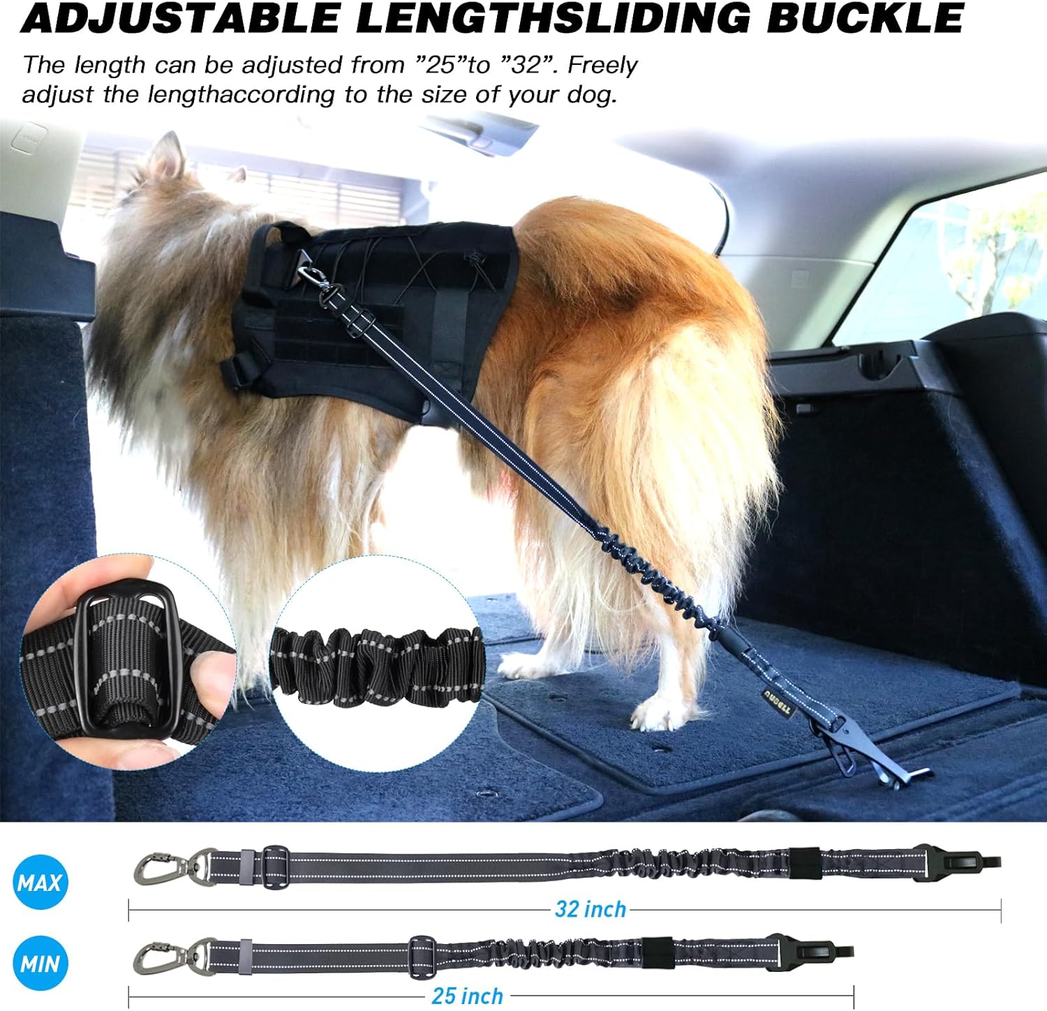 AUBELL Dog Seat Belt for Car,Updated 3-in-1 Adjustable Reflective Bungee Heavy Duty Dog Car Harness Tether with Clip Hook Latch & Buckle,Swivel Zinc Alloy Carabiner,Black - Image 6