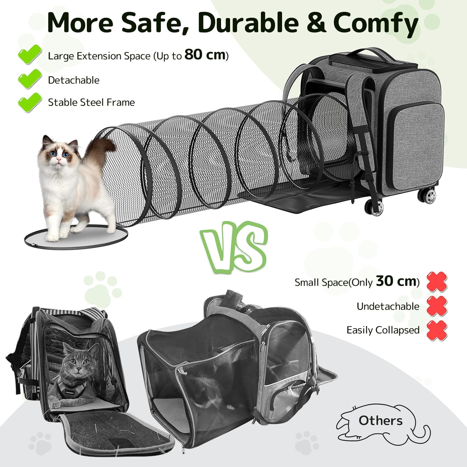 Rolling Cat Carrier with Wheels: Dog Carrier for Small Dogs & Large Cats, Expandable Pet Carrier on Wheels with Cat Play Tunnel, Large Capacity, Breathable Mesh, Side Pocket, Grey - Image 2