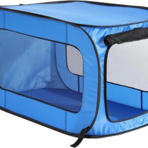 Beatrice Home Fashions Portable, Collapsible, Pop Up Kennel Travel Cat and Dog Crate, 32.5″ L x 19.5″ W x 19.5″ H, Blue