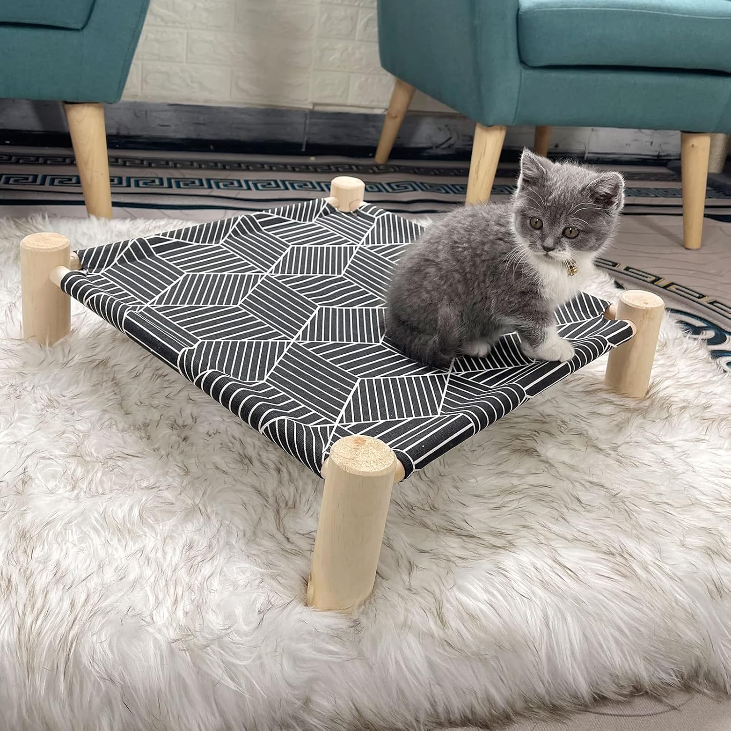 Pozico Cat/Dog Bed Hammock Cat Bed, Wooden Dog Elevated Indoor Outdoor Beds, Raised Cat Cots Furniture Pet Bed Puppy Bed Portable Breathable Mesh Cat Beds for Small Animals-Black Diamond - Image 6