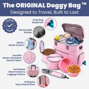 The Original Doggy Bag™ – Complete Dog Travel Bag for Supplies with 2 BPA-Free Travel Bowls & 2 Pet Food Containers – A Dog Mom Gift for Day Trips, Camping, Road Trips & Weekends Away – Lt. Pink