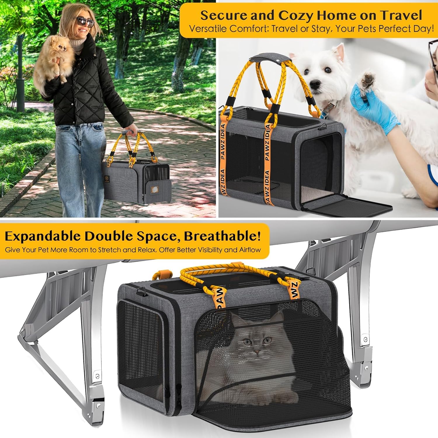 PAWZIDEA Expandable Pet Carrier w/ID Card, 18x11x11 in Small Dog Carrier TSA Airline Approved, Top Load Cat Carrier for 2 Cats Under Seat, Soft-Sided Collapsible Puppy Car Seat Dog Travel Bag, Up 15lb - Image 2