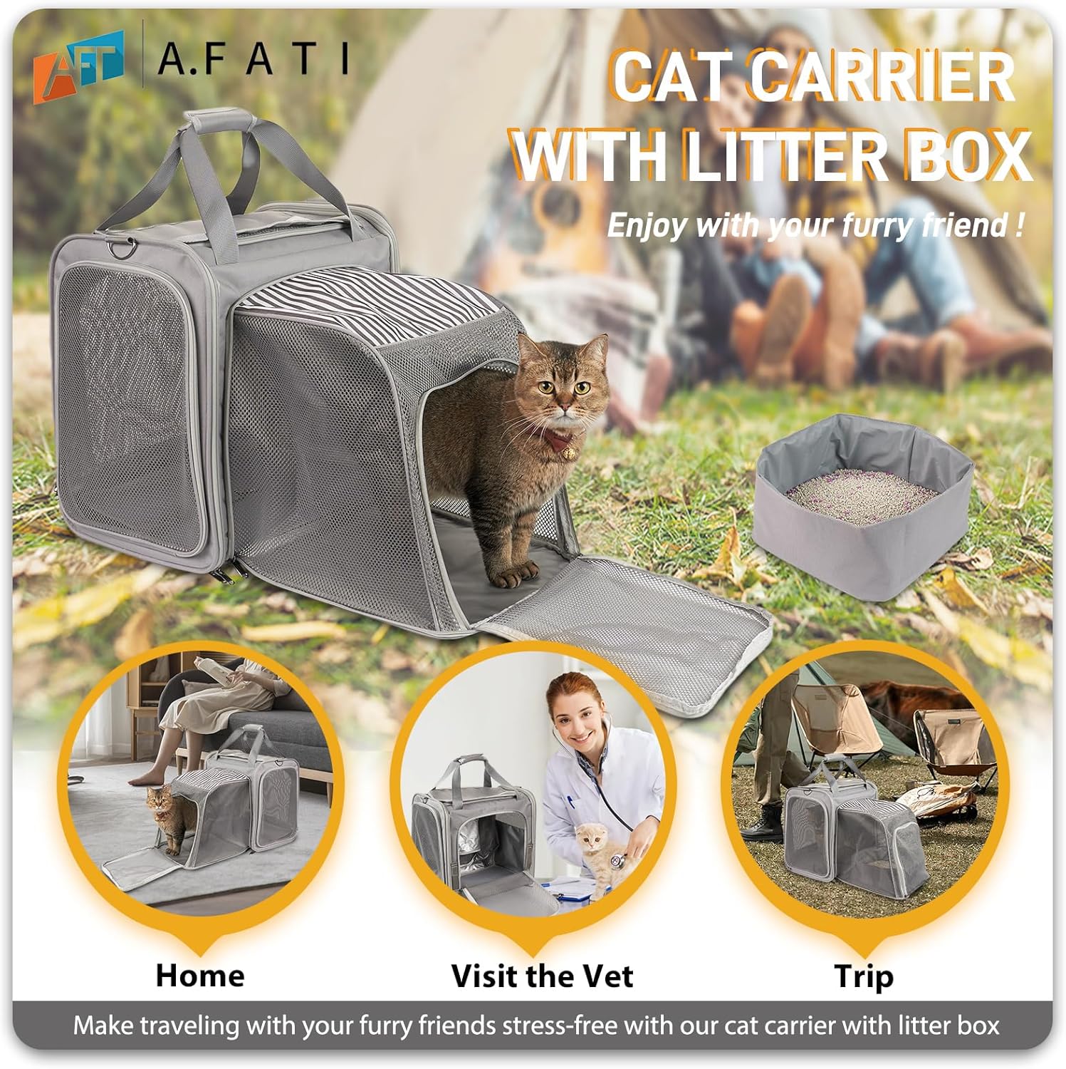 Cat Carrier with Litter Box, Expandable Cat Travel Carrier for Car, Soft Sided Cat Carrier for Cats/Puppies up to 25 lbs, Grey - Image 7