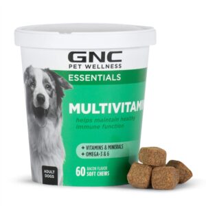 GNC Pets Essentials Dog Multivitamin Soft Chews, Salmon Oil Dog Supplement in Bacon Flavor, Immune Booster and Skin and Coat Support Chewable with Vitamins & Minerals, 60 Count