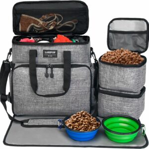 Dog Travel Bag,Weekend Pet Travel Bag Set for Dog and Cat,Airline Approved Tote Multi-Function Dog Bags for Traveling,Include 2 Collapsible Bowls,2 Food Storage Containers,1 Feeding Mat,Gray