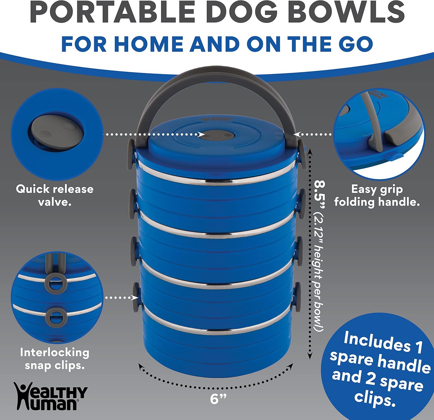 Healthy Human Travel Pet Bento Bowls - Human-Grade Stainless Steel & BPA-Free, Leak-Proof Water & Food Container Set for Dogs & Cats, 4-Pack Interlocking Bowls, Includes Spare Clips & Handle (Blue) - Image 3