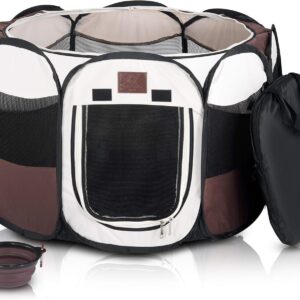 Portable Foldable Playpen Exercise Kennel Dogs Cats Indoor/Outdoor Removable Mesh Shade Cover, Carrying Case & Collapsible Travel Bowl (Small)