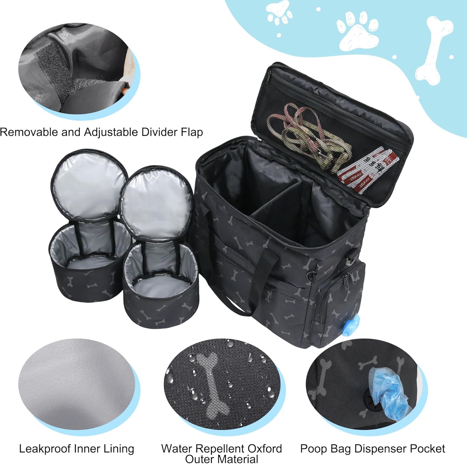 MYDAYS Dog Travel Bag, Pet Luggage Suitcase, Weekend Tote Carrier with Collapsible Bowl (Black1) - Image 2