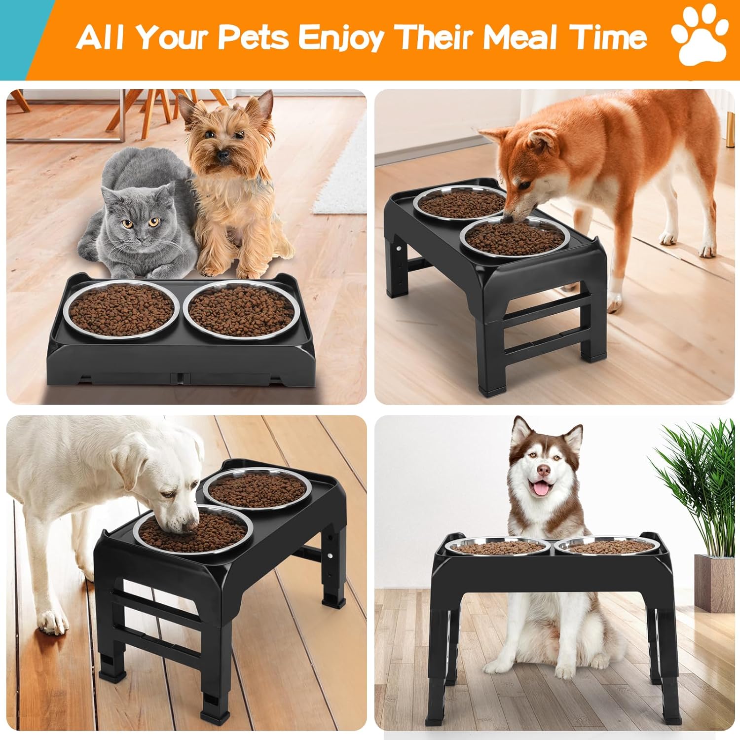 Elevated Dog Bowls, 4 Height Adjustable Raised Bowl Stand with 2 Thick 50oz Stainless Steel Food Bowls Non-Slip Feeder Adjusts to 3.7'', 9.2'', 10.75'', 12.36'' Black, (DB-W01) - Image 8