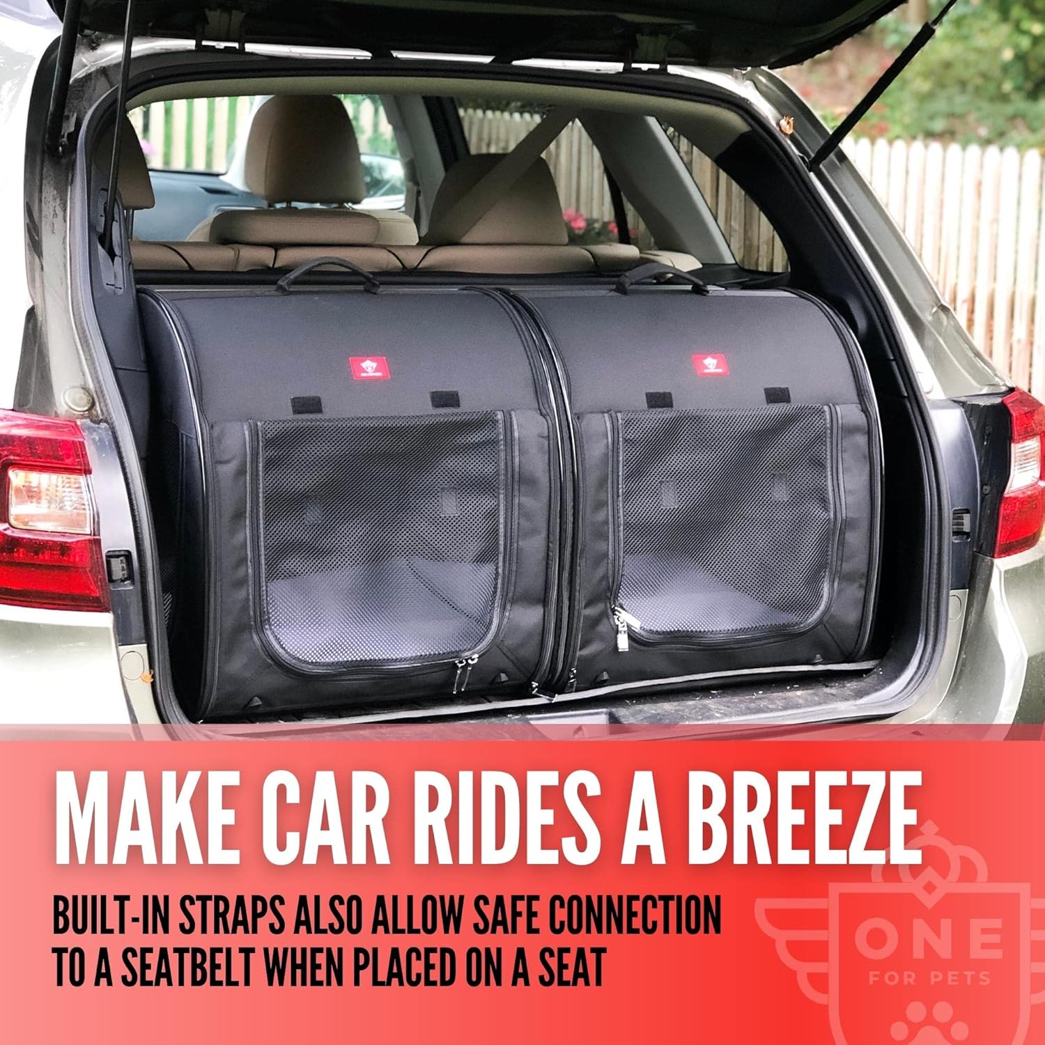 Portable 2-in-1 Double Pet Kennel/Shelter, Fabric, Black/Royal Blue 20"x20"x39" - Car Seat-Belt Fixture Included (Black) - Image 5