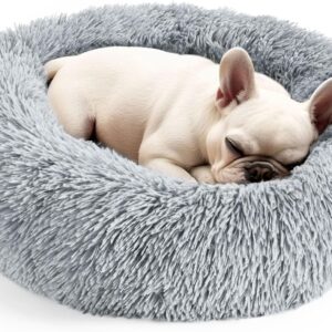 Hoewina Dog & Cat Bed for Indoor Cats, 20in Calming Donut Bed for Puppy and Kitten, Washable Round Fluffy Pet Bed for Small Medium Dogs and Cats (Light Grey)