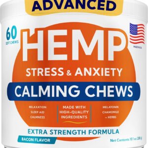 Advanced Calming Chews for Dogs – Hemp Treat + Melatonin + Valerian – Relaxing Bites – Calming Care – Anti-Anxiety & Stress Relief – Made in USA – Calm, Sleep Aid, Storms – 60Ct