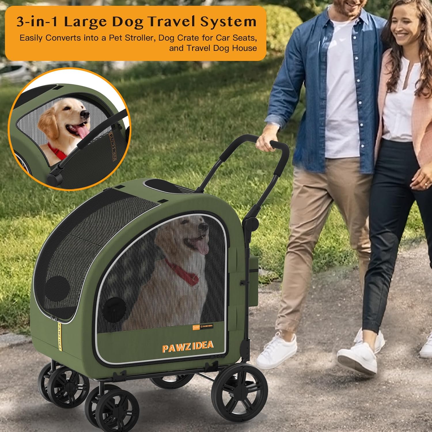 PAWZIDEA Dog Stroller for Large Dogs, Collapsible Pet Stroller with Detachable Carrier, Portable Dog Crate for Car Seat, Adjustable Handle, All-Terrain 9” Wheels, Ideal for Travel & Outdoor Adventures - Image 2