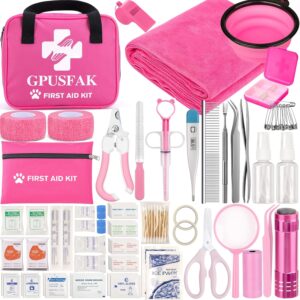136pcs Pink Pet First Aid Kit for Dogs and Cats – Pet Emergency Kit for Camping Hiking Traveling Hunting