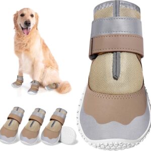 DcOaGt Dog Shoes Large Size Dogs,Mesh Breathable Dog Boots & Paw Protectors for Hot Pavement Summer Winter Snow, 360°Anti-Slip Dog Booties with Reflective Strips for Hiking/Walking,Khaki 4PCS(Size 6)