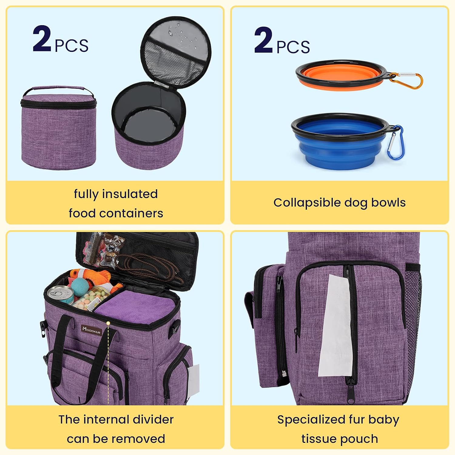 Modoker Dog Travel Organizer Carriers for Supplies & Accessories, Airline Approved Cat Pet Travel Bag, 2 Collapsible Bowls, 2 Travel Dog Food Container, Purple - Image 3