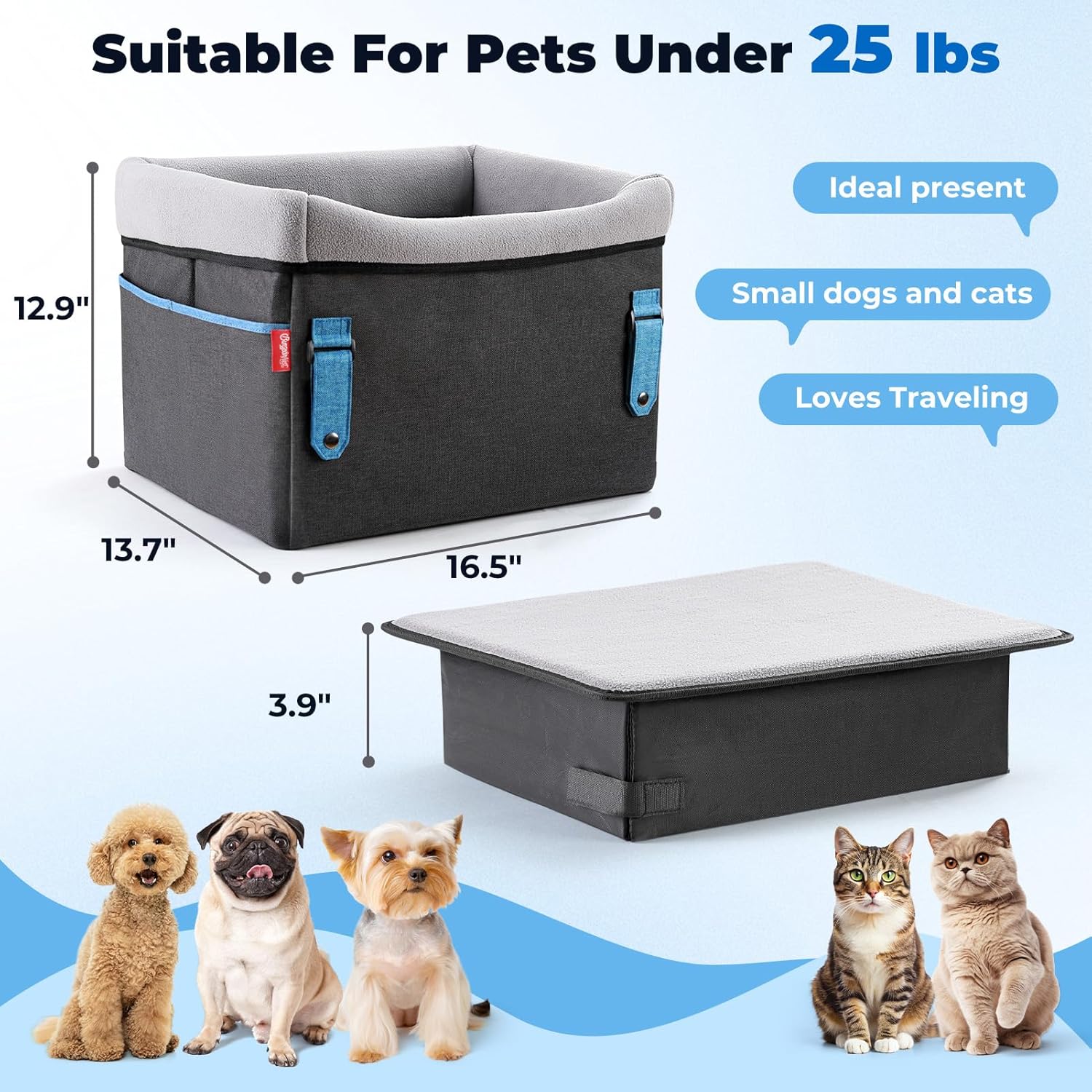 BurgeonNest Dog Booster Car Seat for Small Dogs, Washable Anti-Collapse Pet Bed for Car Front Back Seat, Cat Puppy Travel Carseats Up to 25lbs, Clip-On Safety Leash and Booster Fluffy Pad, Grey - Image 2