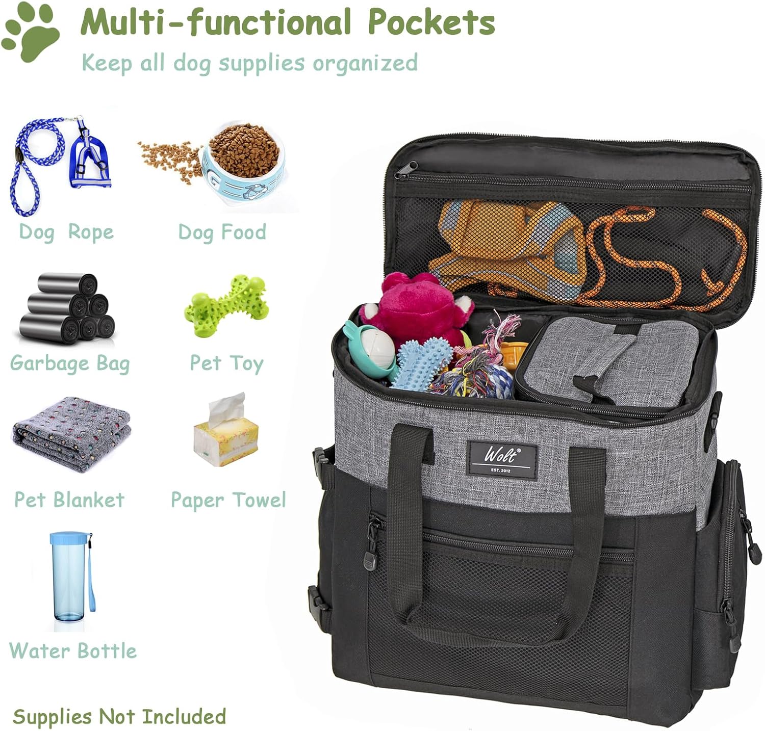 WOLT Dog Travel Bag Dog Bag for Traveling and Supplies with 2 Collapsible Bowls, 2 Food Containers, 1 Place Mat, Grey - Image 3