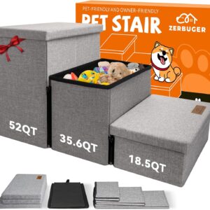 Wider Dog Stairs with Storage 18" H, 3-Step Sturdy Dog Steps for Large/Medium/Small Older Dogs Cats, Folding Pet Stairs Climbing Bed or Couch, Ramp for Car Up to 200 lbs (Gray, No Condo)