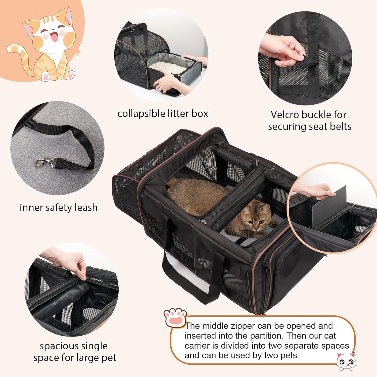 Cat Travel Carrier with Litter Box, Expandable Cat Carrier for 2 Cats for Car Travel, Soft Sided Pet Carrier for Cats and Dogs up to 30lbs, Black - Image 6