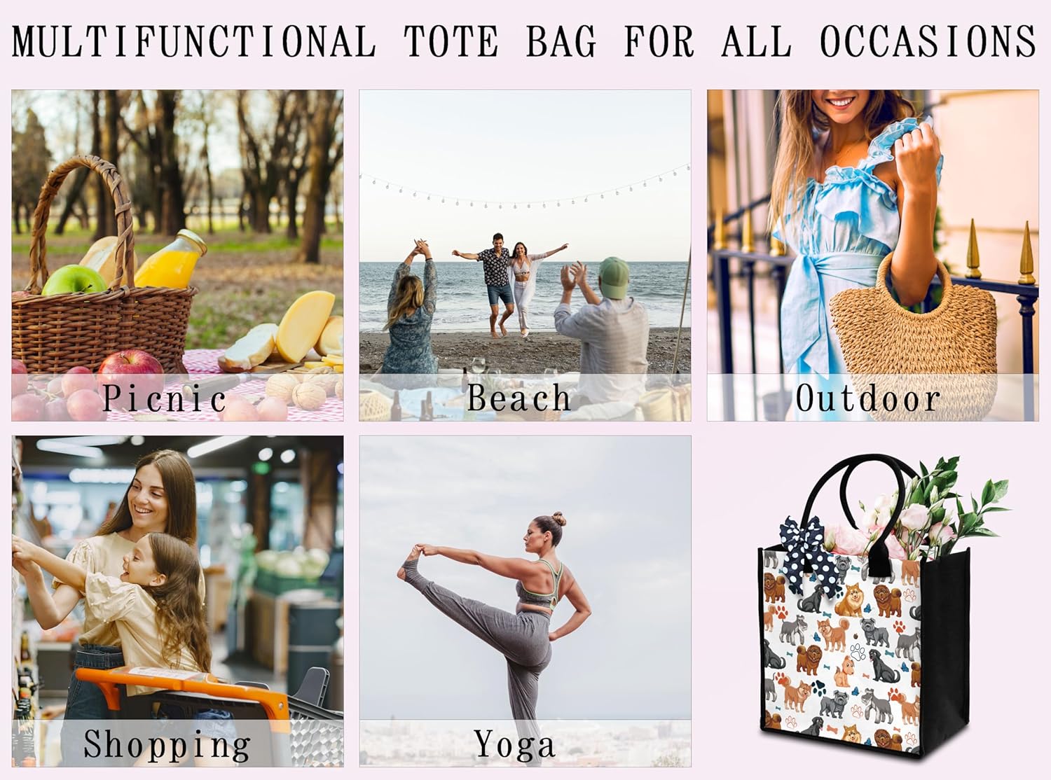 Dog Tote Bag For Women, Cute Puppy Pet Tote Bag, Doggie Canvas Tote Bag For Traveling Shopping Gym, Dog Lover Gift Tote Bag With Ribbon, Aesthetic Beach Tote Bag Gifts For Women Dog Owners Friends -32 - Image 4