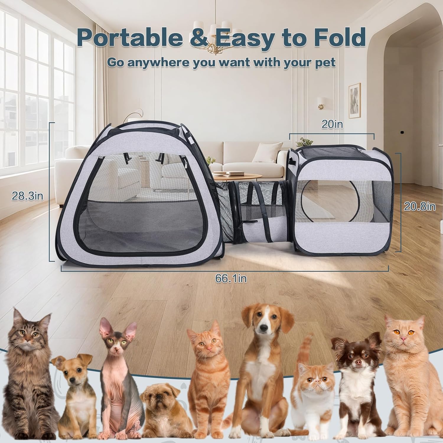 Portable Cat Dog Playpen: Dog Crate, Carrier, Dog Playpen, Cat Enclosure, Puppy Carrier, Pet Playpen, Small Outdoor Pet Enclosure, Travelling and Camping Cat Dog Tent and Tunnel, 3 Separable Parts - Image 2