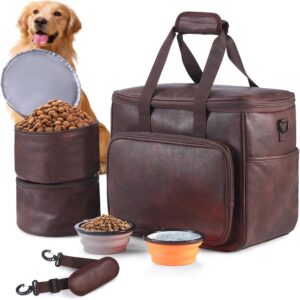 Dog Travel Bag, Leather Travel Pet Bag Set for Dog and Cat, Airline Approved Tote Organizer with Multi-Function Pockets, 2 Food Storage Containers, 2 Collapsible Bowls