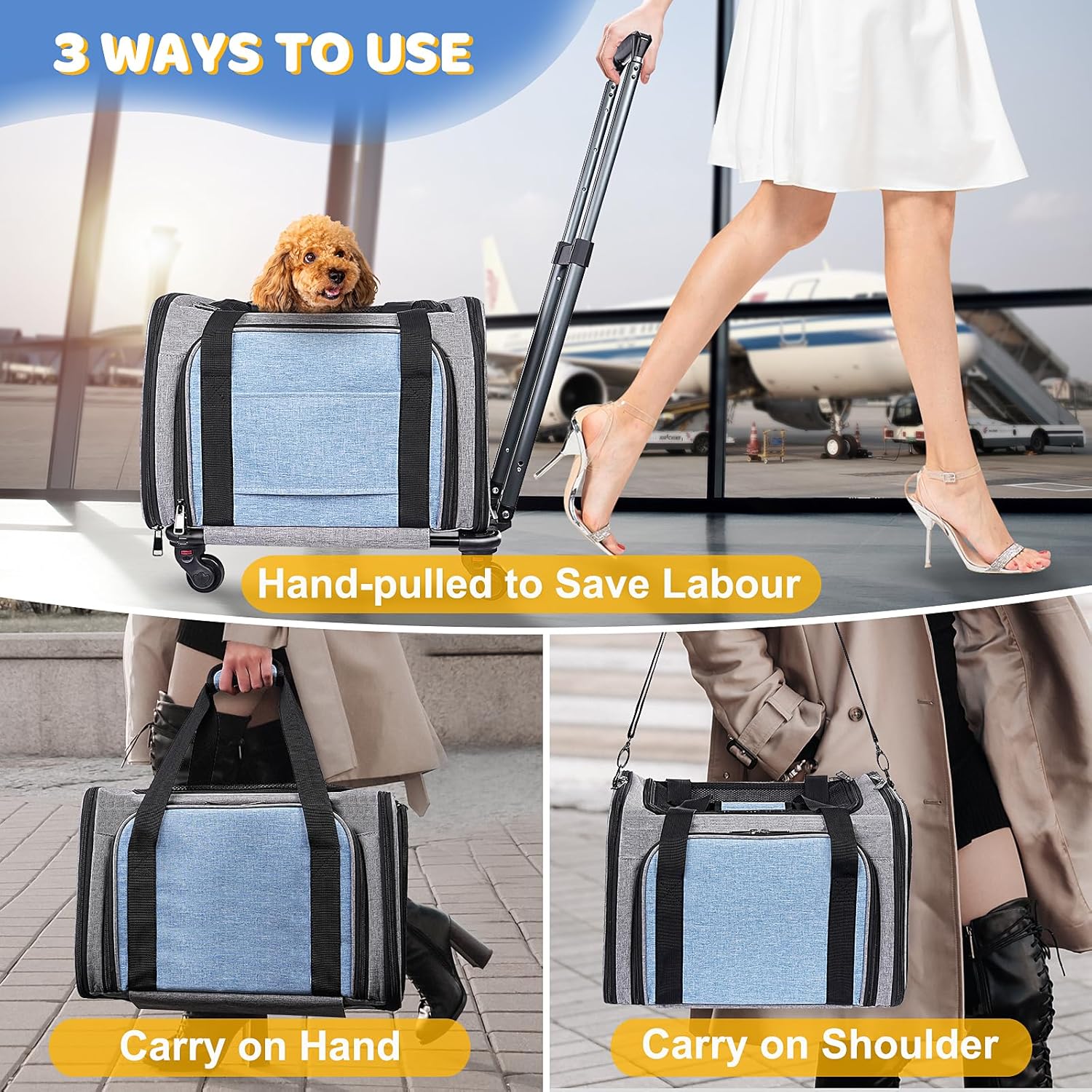 Pet Carrier with Wheels for Cat and Small Dogs: Expandable Airline Approved Rolling Cat Carrier - Cat Carrier Soft for Pets Under 25lbs Travel Plane Trip - Image 3