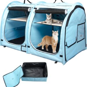 Mispace Portable Twin Compartment Show House Cat Cage/Condo - Easy to Fold & Carry Kennel - Comfy Puppy Home & Dog Travel Crate with Portable Carry Bag/Two Hammocks/Mats and Collapsible Litter Box