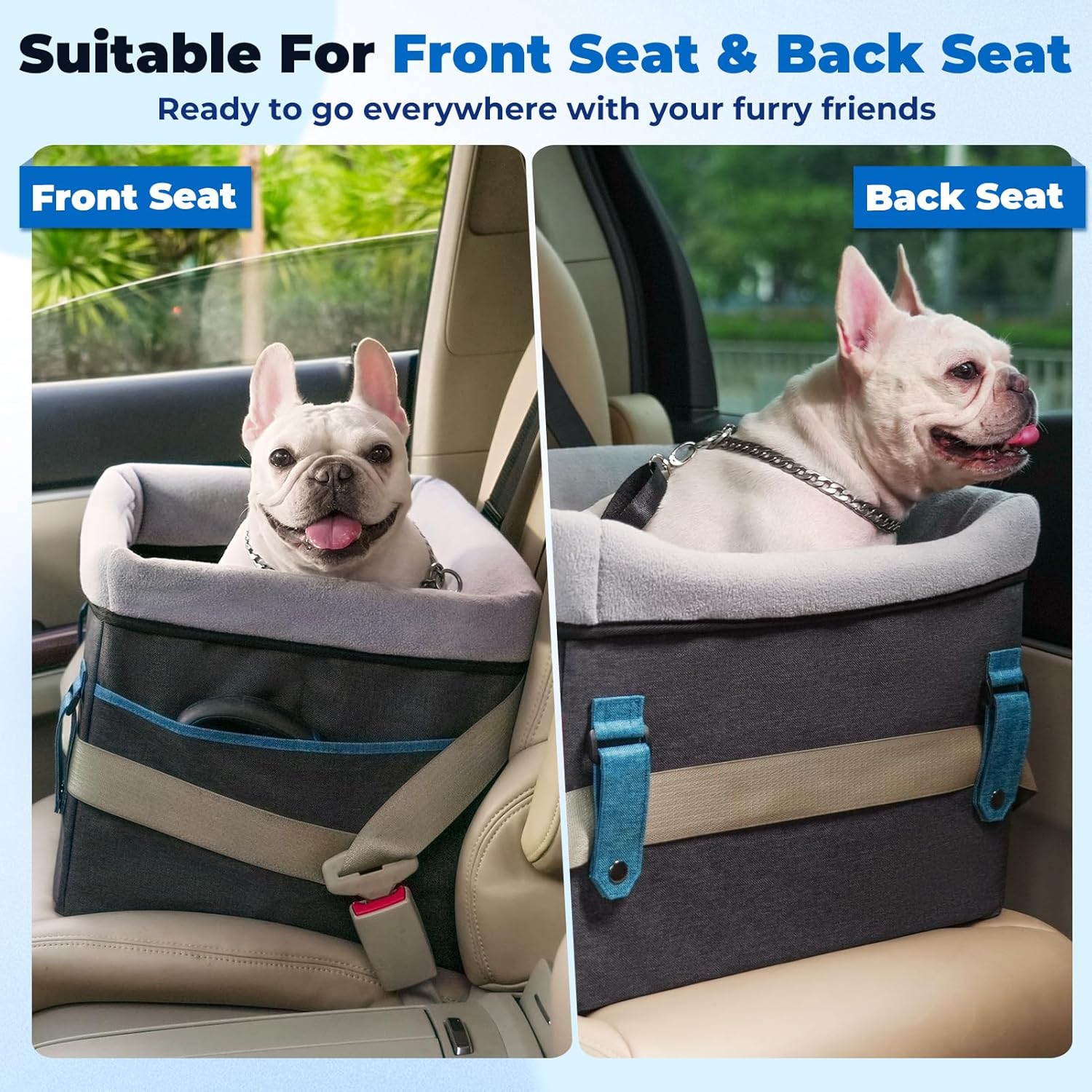BurgeonNest Dog Booster Car Seat for Small Dogs, Washable Anti-Collapse Pet Bed for Car Front Back Seat, Cat Puppy Travel Carseats Up to 25lbs, Clip-On Safety Leash and Booster Fluffy Pad, Grey - Image 5