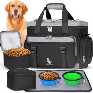 IGOLUMON Dog Travel Bag Large Pet Travel Bags Set for Supplies Weekend Travel Kit Tote Organizer Multi-Pockets Food Travel Bag with 2 Extra Large Food Containers, 2 Dog Bowls, 1 Feeding Mat