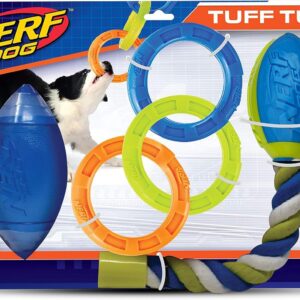 Nerf Dog Toy Gift Set, 3-Piece Set of Outdoor Dog Toys for Tug and Fetch, Includes Classic Squeak Football, 3-Ring Tug and Nitro Blitz Squeak Football