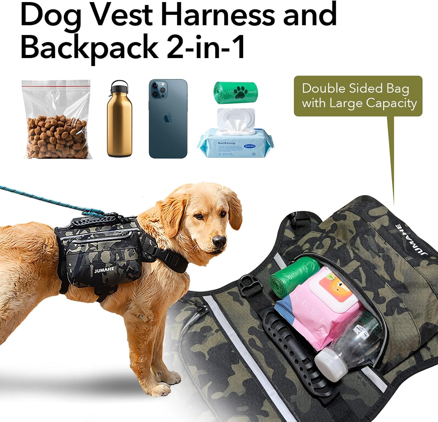 x Jumahe 2-in-1 Dog Vest Harness Backpack for 55-100 lbs Large Dogs, 2 Saddle Bags, Waterproof, Reflective Strips for Safe Walking, Hiking, Training (Camo) - Image 3