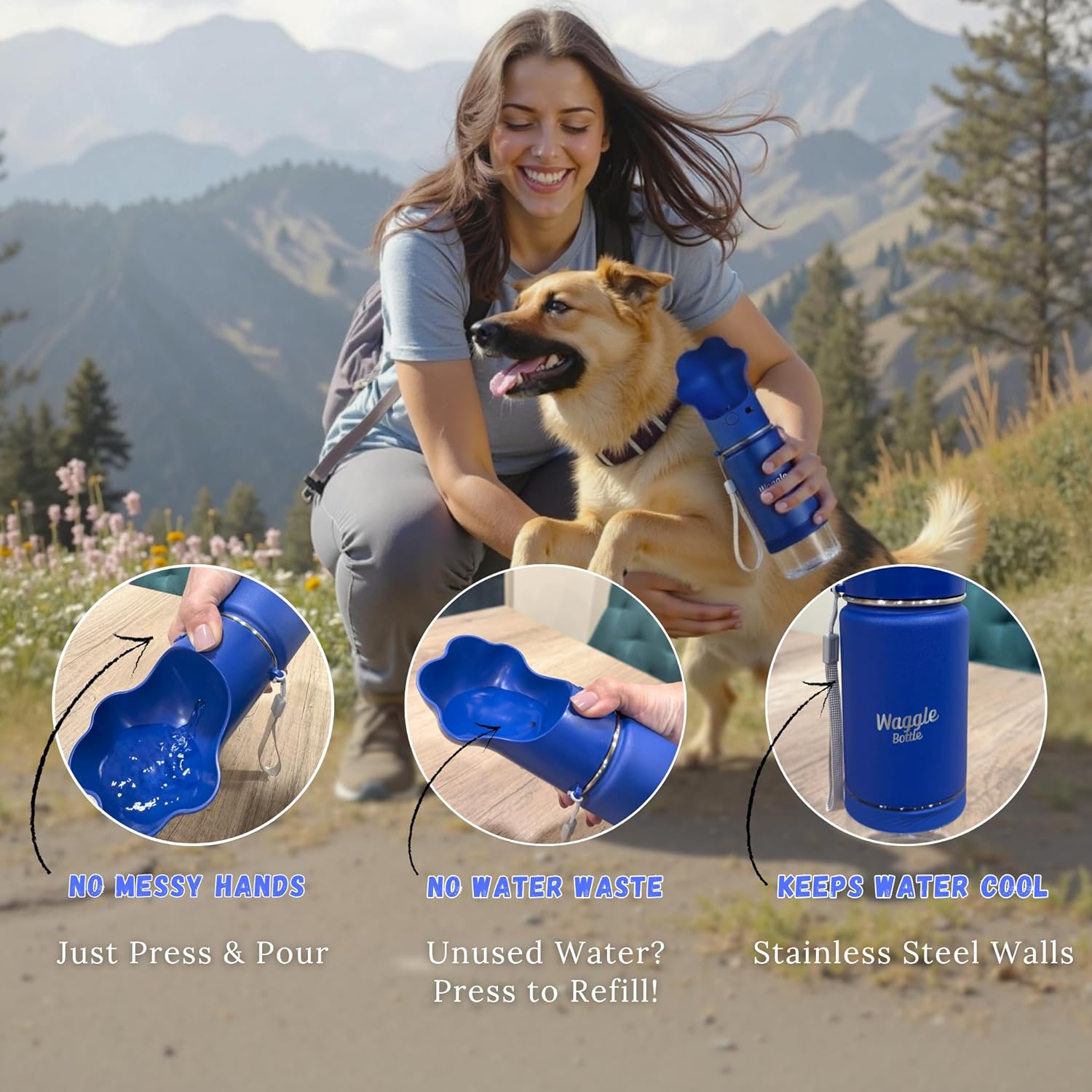 Stainless Steel Dog Travel Water Bottle, Vacuum Insulated Portable Dog Water Dispenser, Large Bottle with Drink Cup On The Go, Outdoor Walking, Hiking, Travel (Cobalt, 22oz) - Image 2