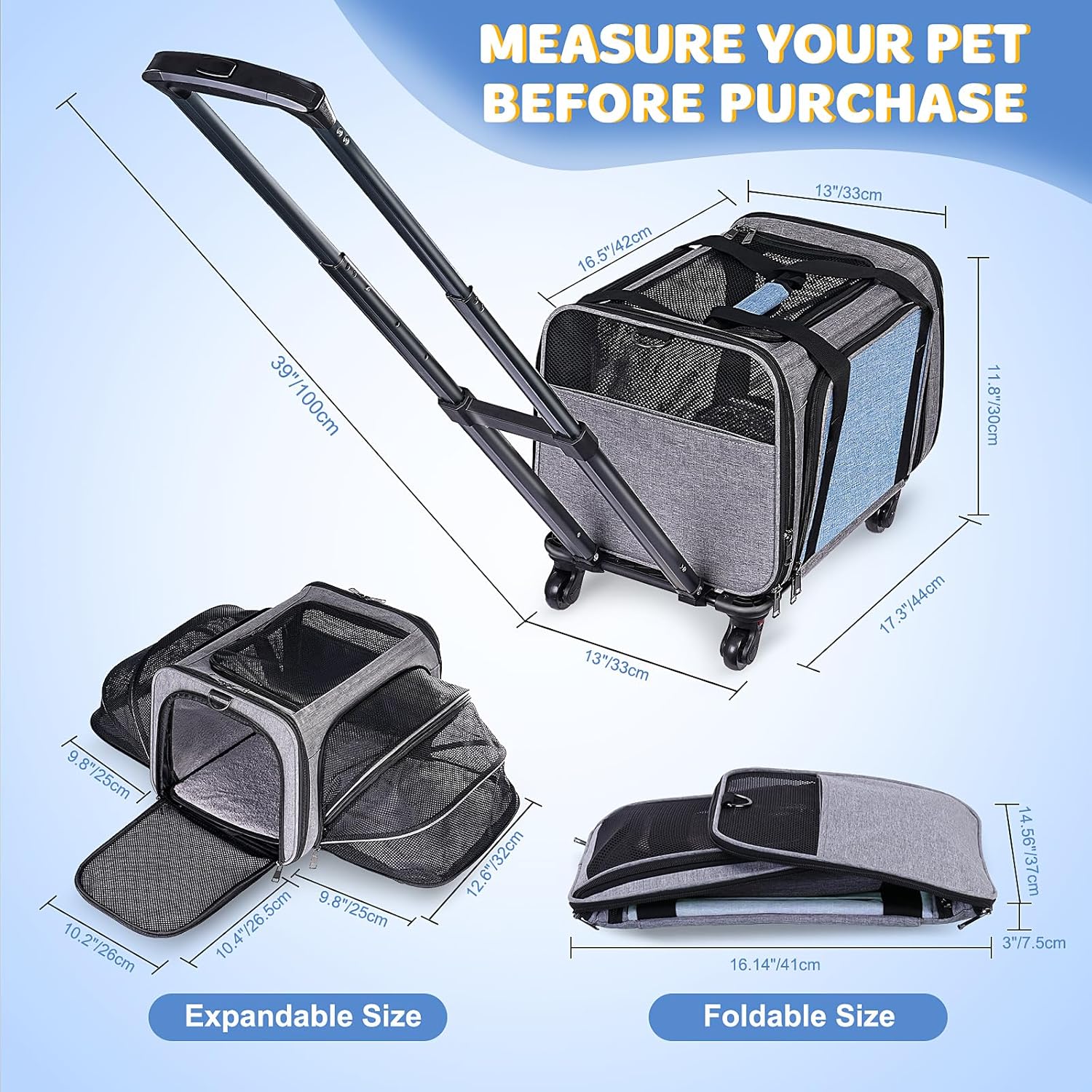 Pet Carrier with Wheels for Cat and Small Dogs: Expandable Airline Approved Rolling Cat Carrier - Cat Carrier Soft for Pets Under 25lbs Travel Plane Trip - Image 5