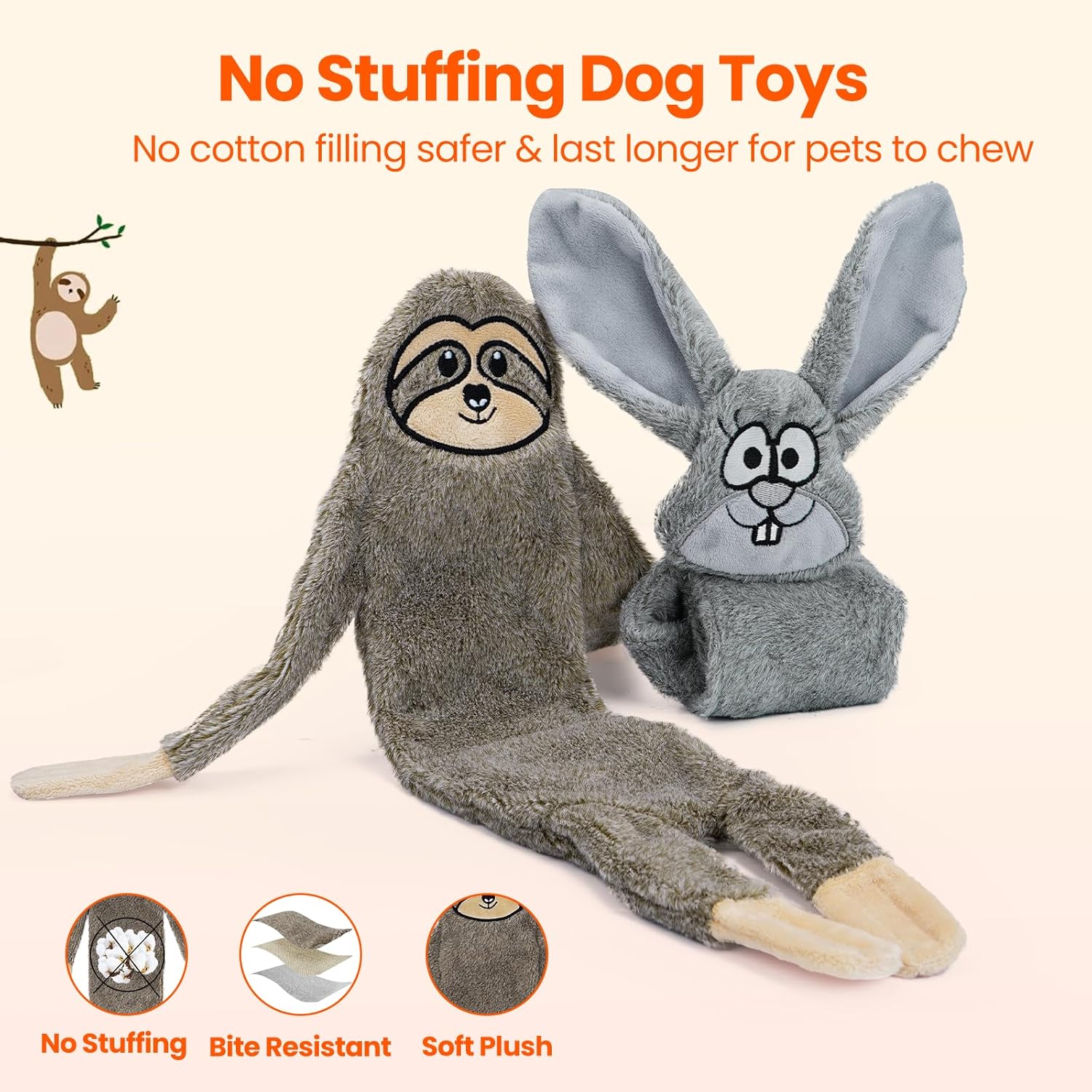 HGB No Stuffing Dog Toys for Aggressive Chewers, Squeaky Crinkle Plush Dog Toys to Keep Them Busy & Puppy Teething for Small, Medium, Large Breed, Cute Bunny & Sloth - Image 3