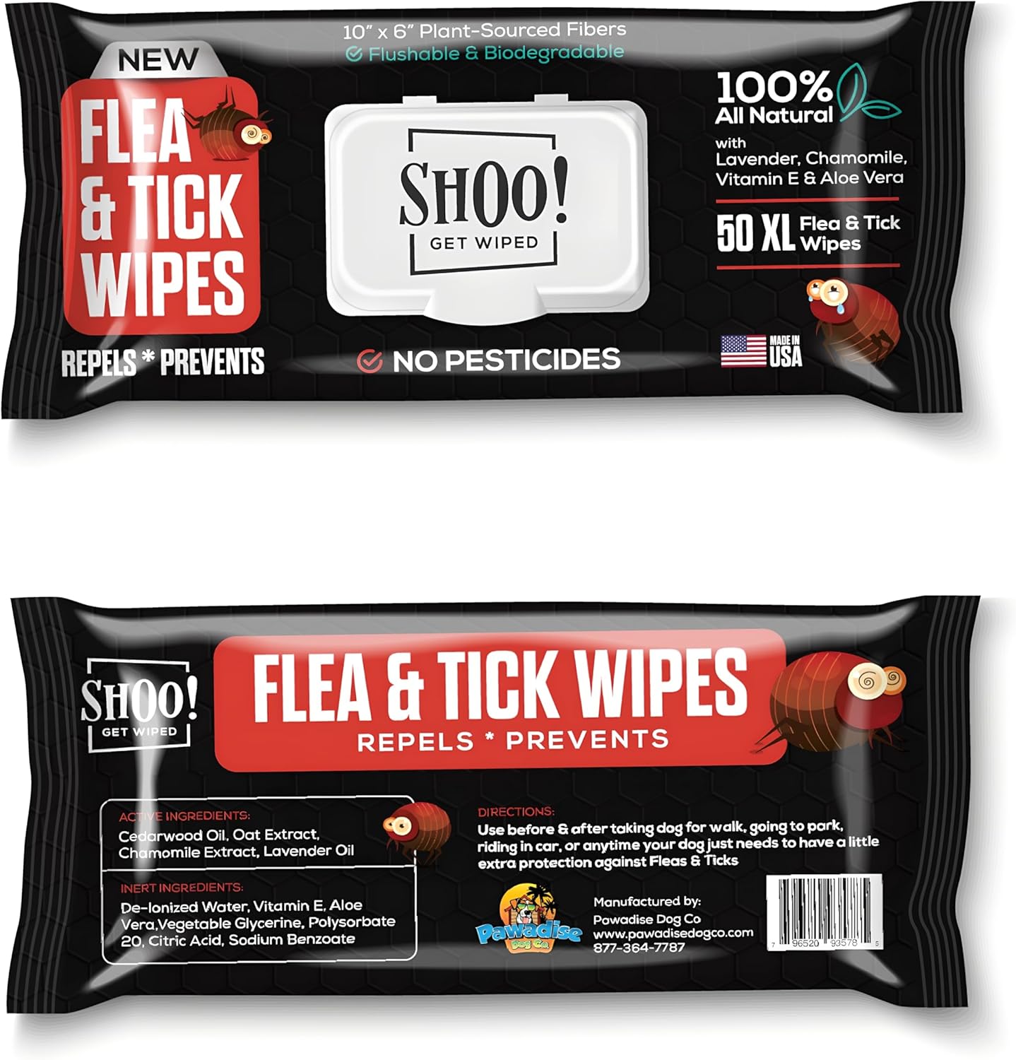 Shoo! Flea & Tick Wipes for Dogs | Convenient, Easy On-The-Go Protection | Plant Based, Natural Oils, Chemical Free | Repels & Prevents | 50 XL Wipes (2 Pack) | Original -Lavender